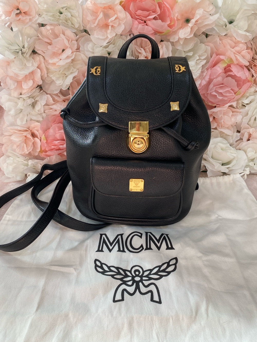 MCM Black Leather Mini Backpack with Gold Hardware Accents